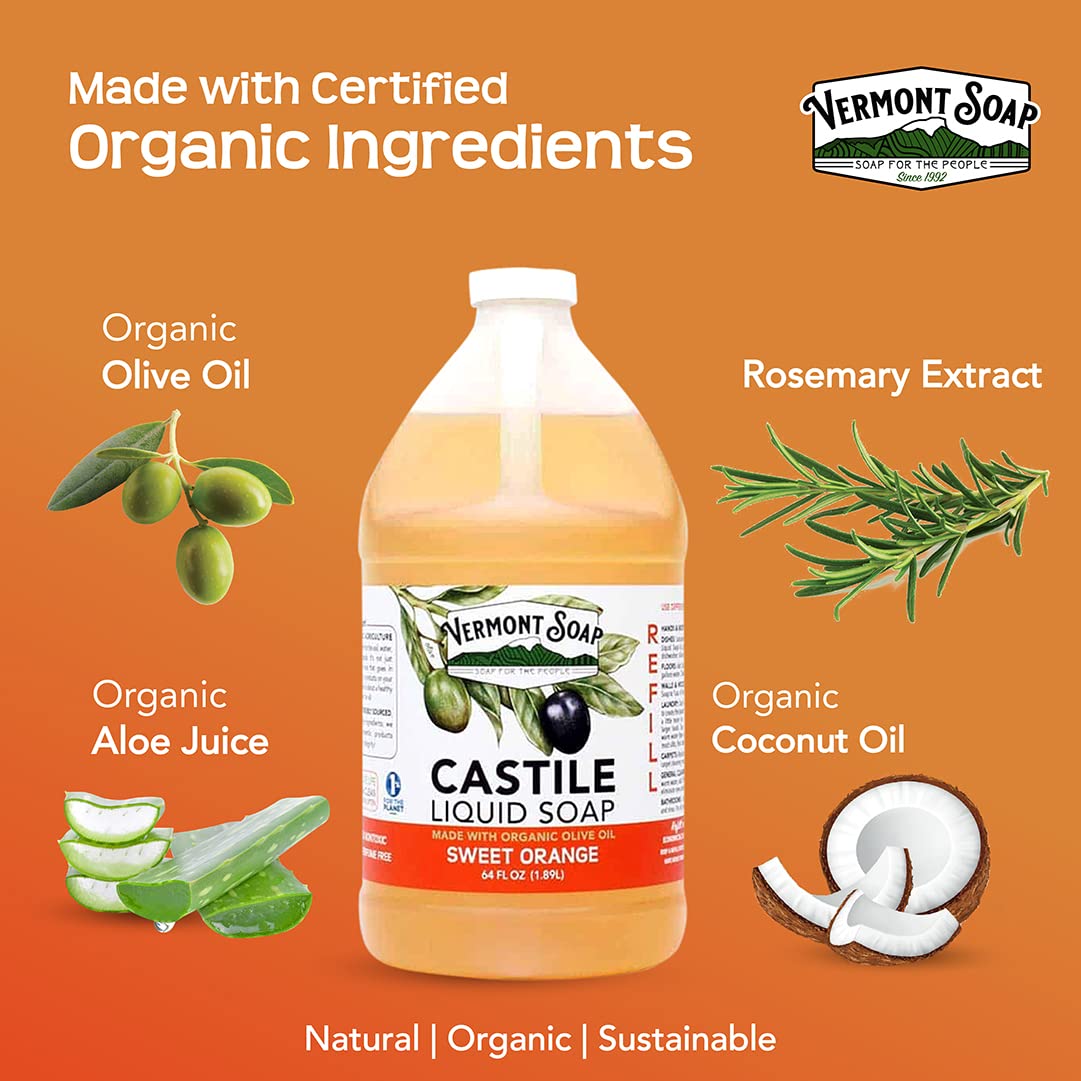 Vermont Pure Castile Soap Orange – Gentle Organic Body Wash & Oily Hair Shampoo (64 oz) | Vermont Soap