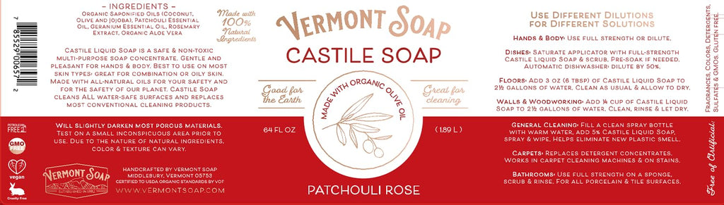 Vermont Castile Soap Patchouli Rose | Gentle Liquid Soap for Sensitive Skin, Body Wash & Oily Hair – 64 oz