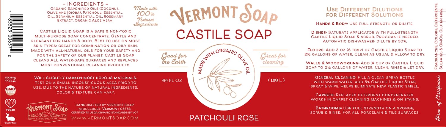 Vermont Castile Soap Patchouli Rose | Gentle Liquid Soap for Sensitive Skin, Body Wash & Oily Hair – 64 oz