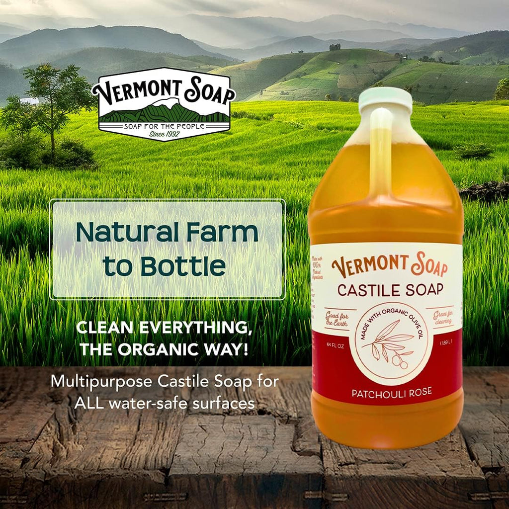 Vermont Castile Soap Patchouli Rose | Gentle Liquid Soap for Sensitive Skin, Body Wash & Oily Hair – 64 oz