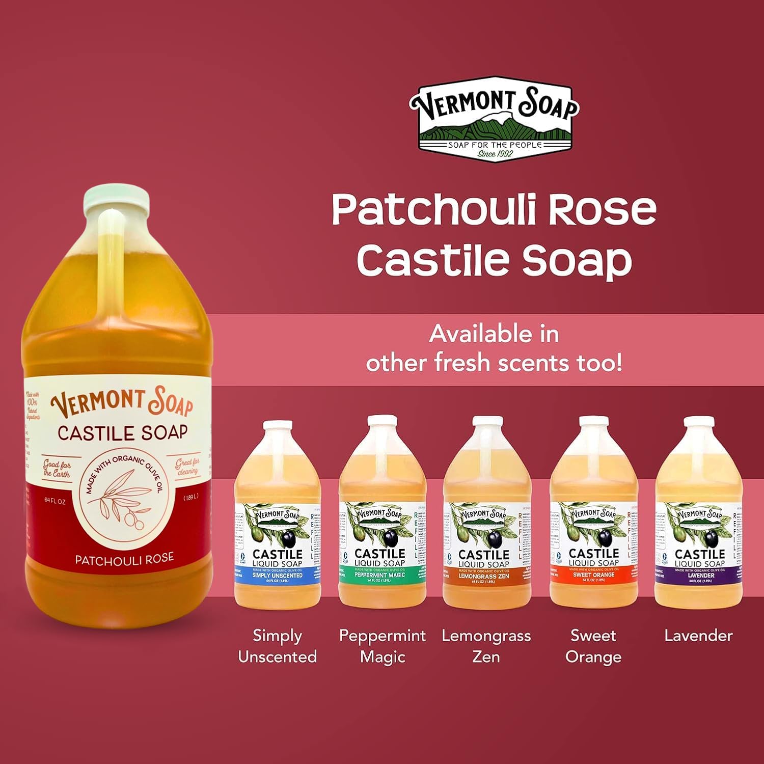 Vermont Castile Soap Patchouli Rose | Gentle Liquid Soap for Sensitive Skin, Body Wash & Oily Hair – 64 oz