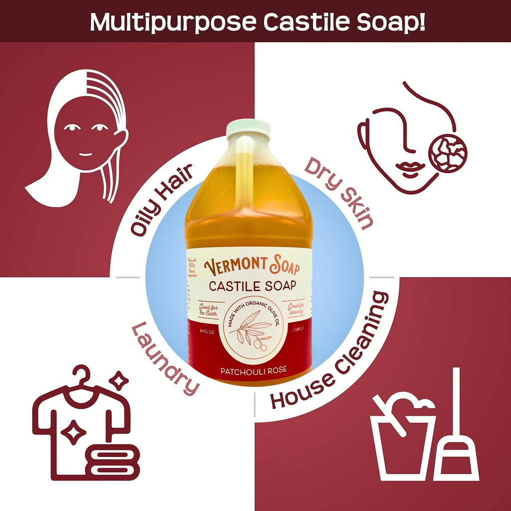 Vermont Castile Soap Patchouli Rose | Gentle Liquid Soap for Sensitive Skin, Body Wash & Oily Hair – 64 oz