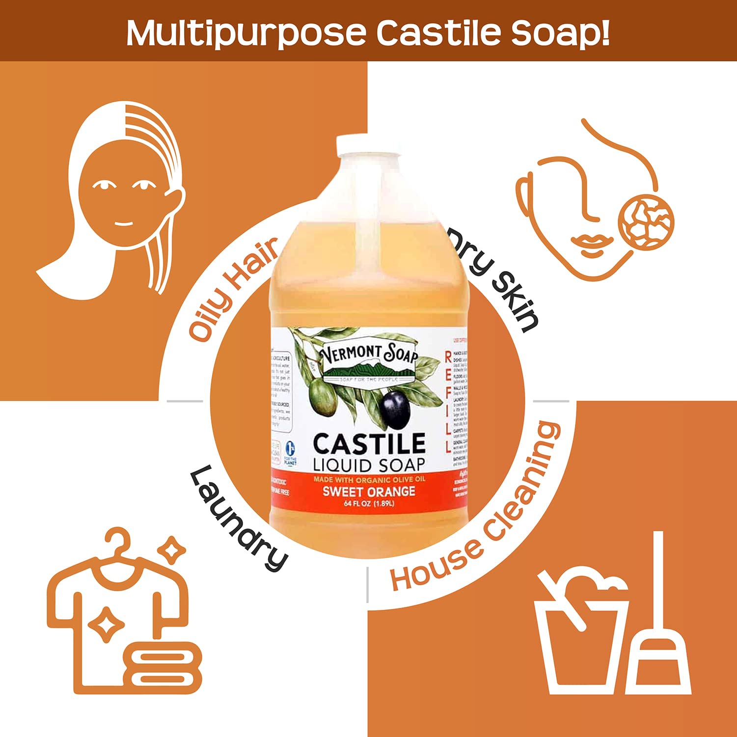 Vermont Pure Castile Soap Orange – Gentle Organic Body Wash & Oily Hair Shampoo (64 oz) | Vermont Soap