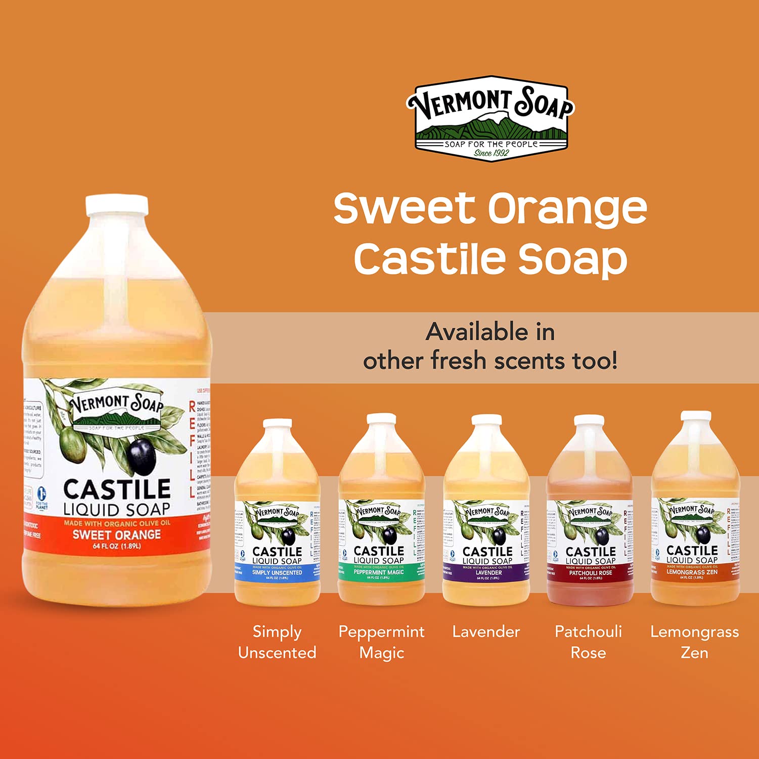 Vermont Pure Castile Soap Orange – Gentle Organic Body Wash & Oily Hair Shampoo (64 oz) | Vermont Soap