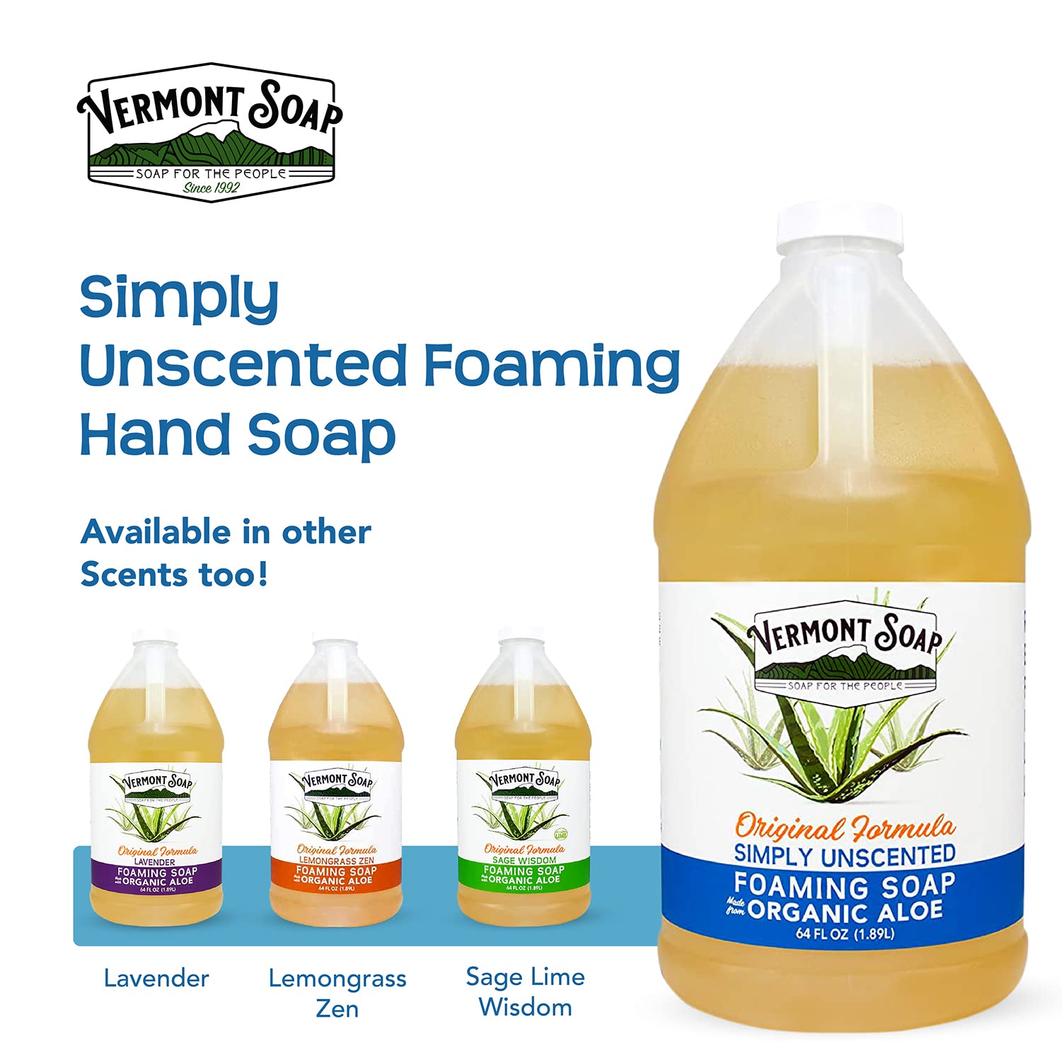 VERMONT SOAP Organic Unscented Foaming Hand Soap - 64 oz, Fragrance Free, Plant-Powered Moisturizing Formula