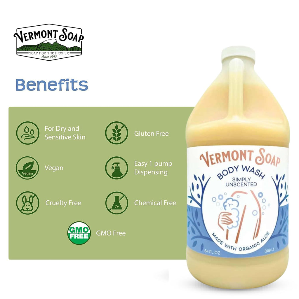 VERMONT SOAP Body Wash – Simply Unscented, 64 oz, USDA Organic, Moisturizing & Gentle