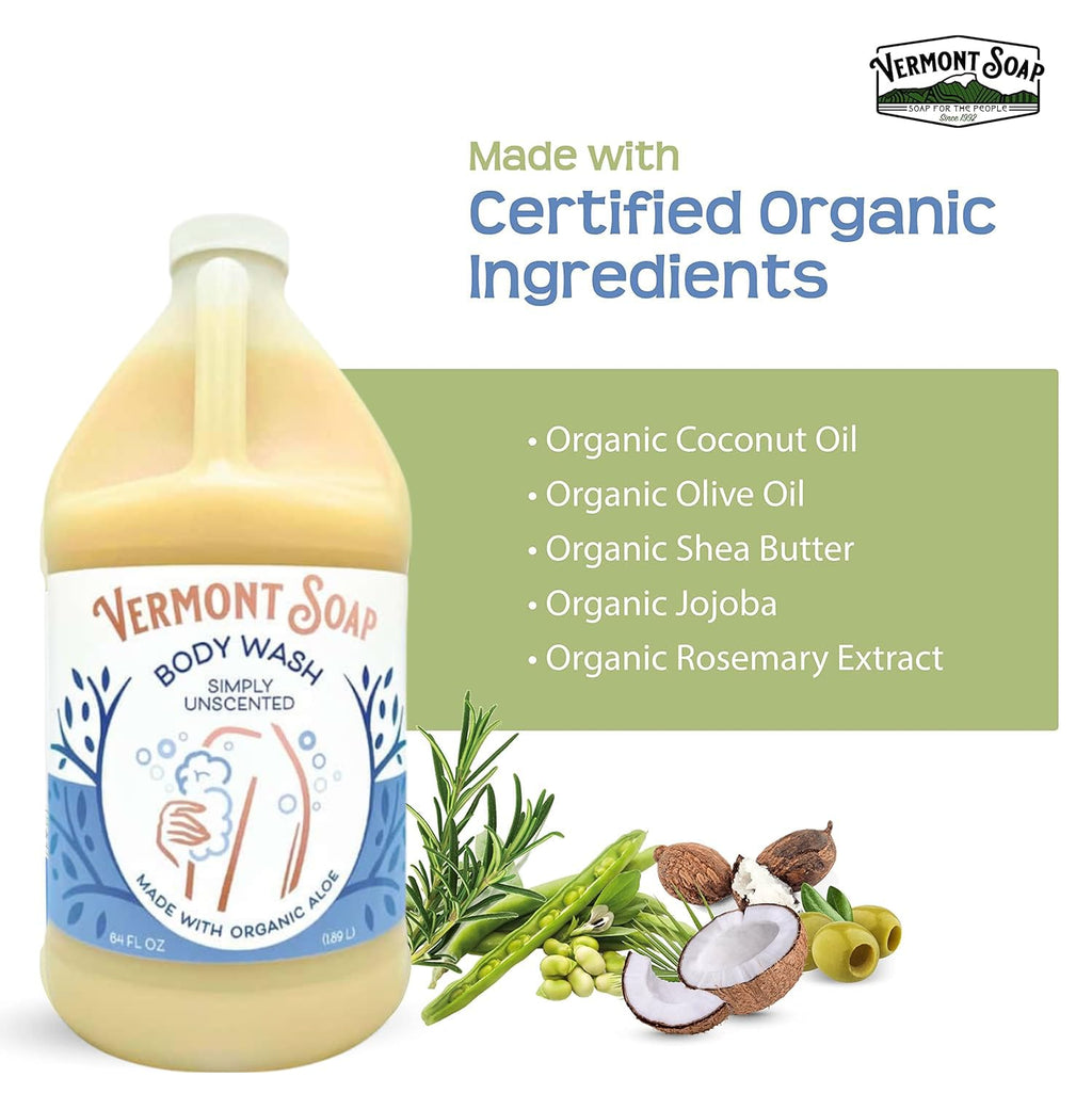 VERMONT SOAP Body Wash – Simply Unscented, 64 oz, USDA Organic, Moisturizing & Gentle