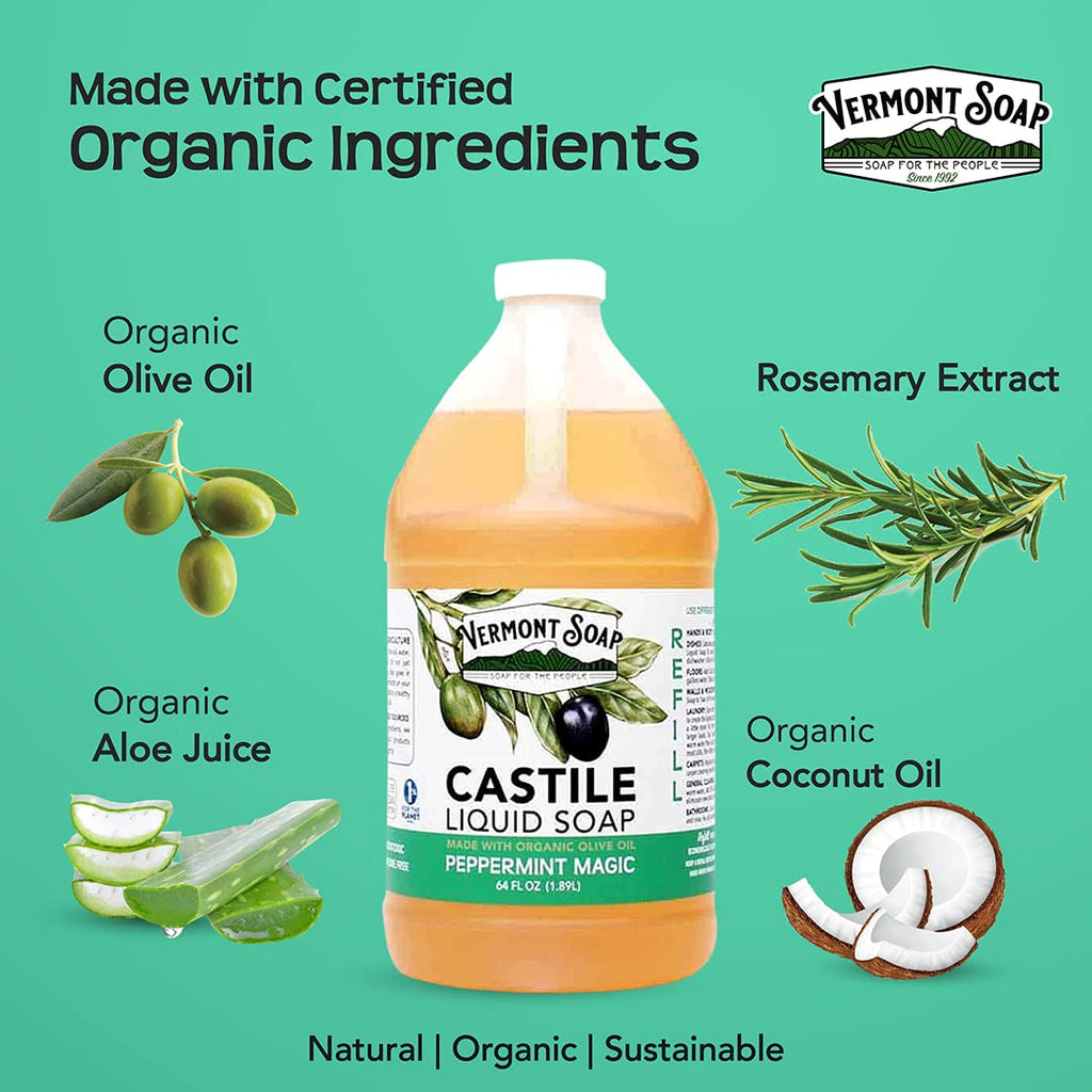 Vermont Soap Vermont Castile Peppermint - Gentle Liquid Soap for Sensitive Skin, Organic Hair Shampoo for Oily Hair, 64 oz