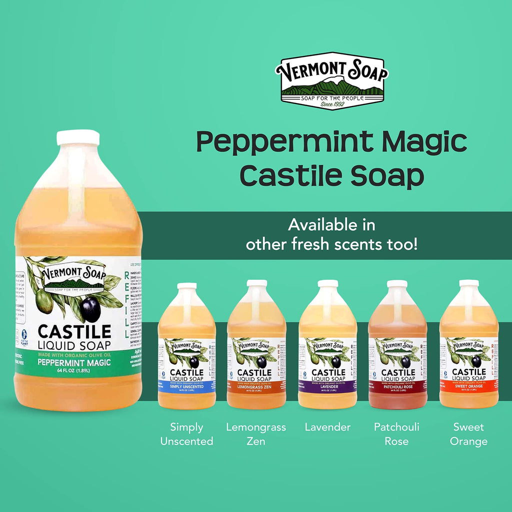 Vermont Soap Vermont Castile Peppermint - Gentle Liquid Soap for Sensitive Skin, Organic Hair Shampoo for Oily Hair, 64 oz