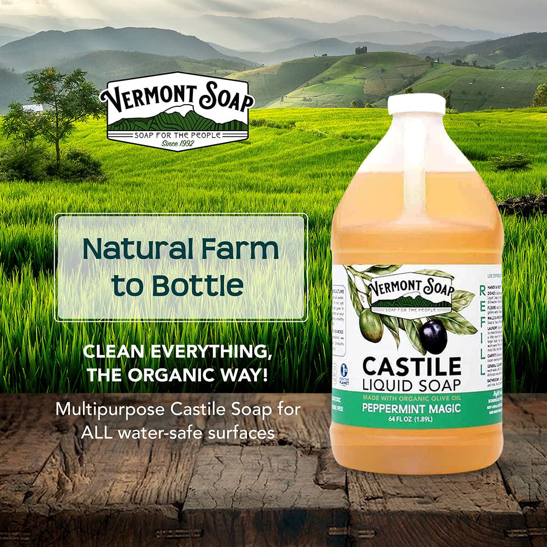 Vermont Soap Vermont Castile Peppermint - Gentle Liquid Soap for Sensitive Skin, Organic Hair Shampoo for Oily Hair, 64 oz