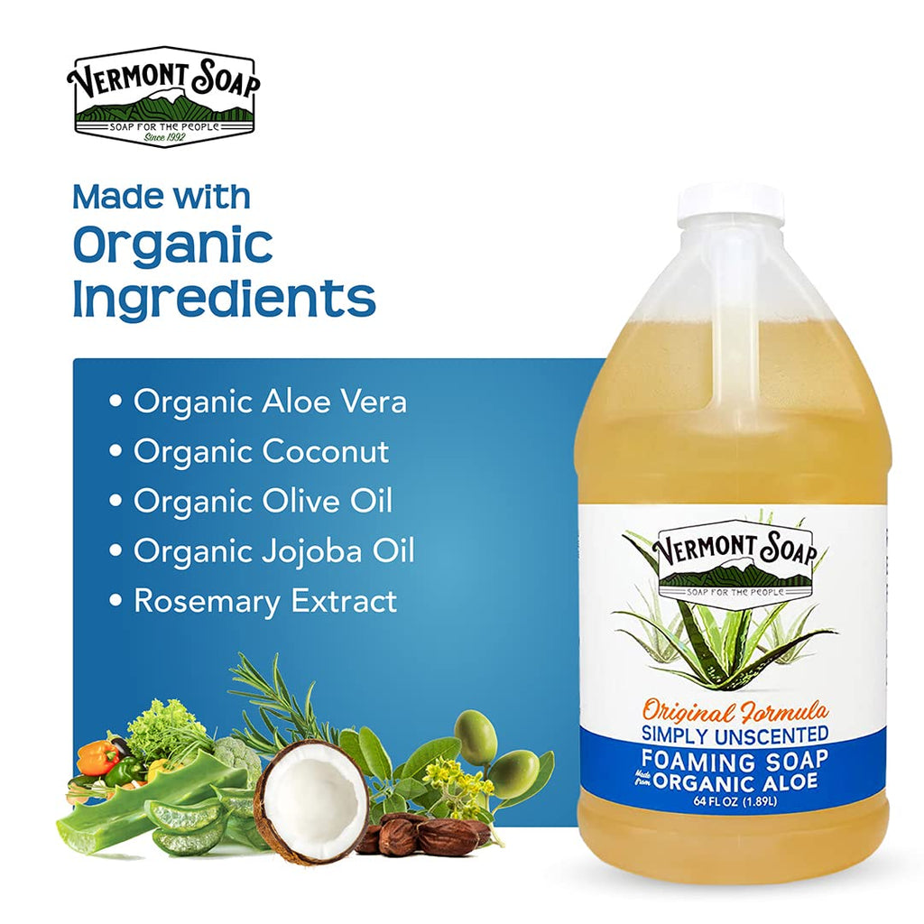 VERMONT SOAP Organic Unscented Foaming Hand Soap - 64 oz, Fragrance Free, Plant-Powered Moisturizing Formula