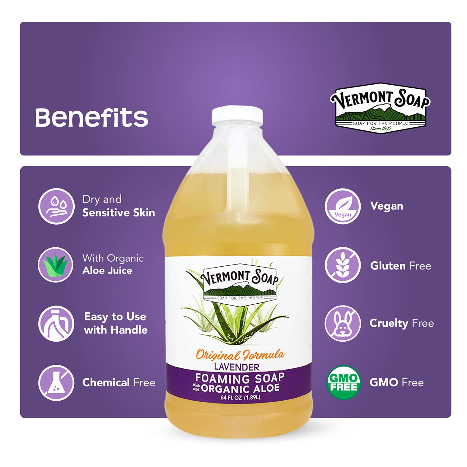 VERMONT SOAP Organic Lavender Foaming Hand Soap – Fragrance-Free, Moisturizing 64 oz