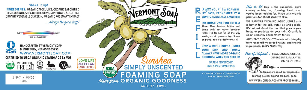VERMONT SOAP Organic Unscented Foaming Hand Soap - 64 oz, Fragrance Free, Plant-Powered Moisturizing Formula