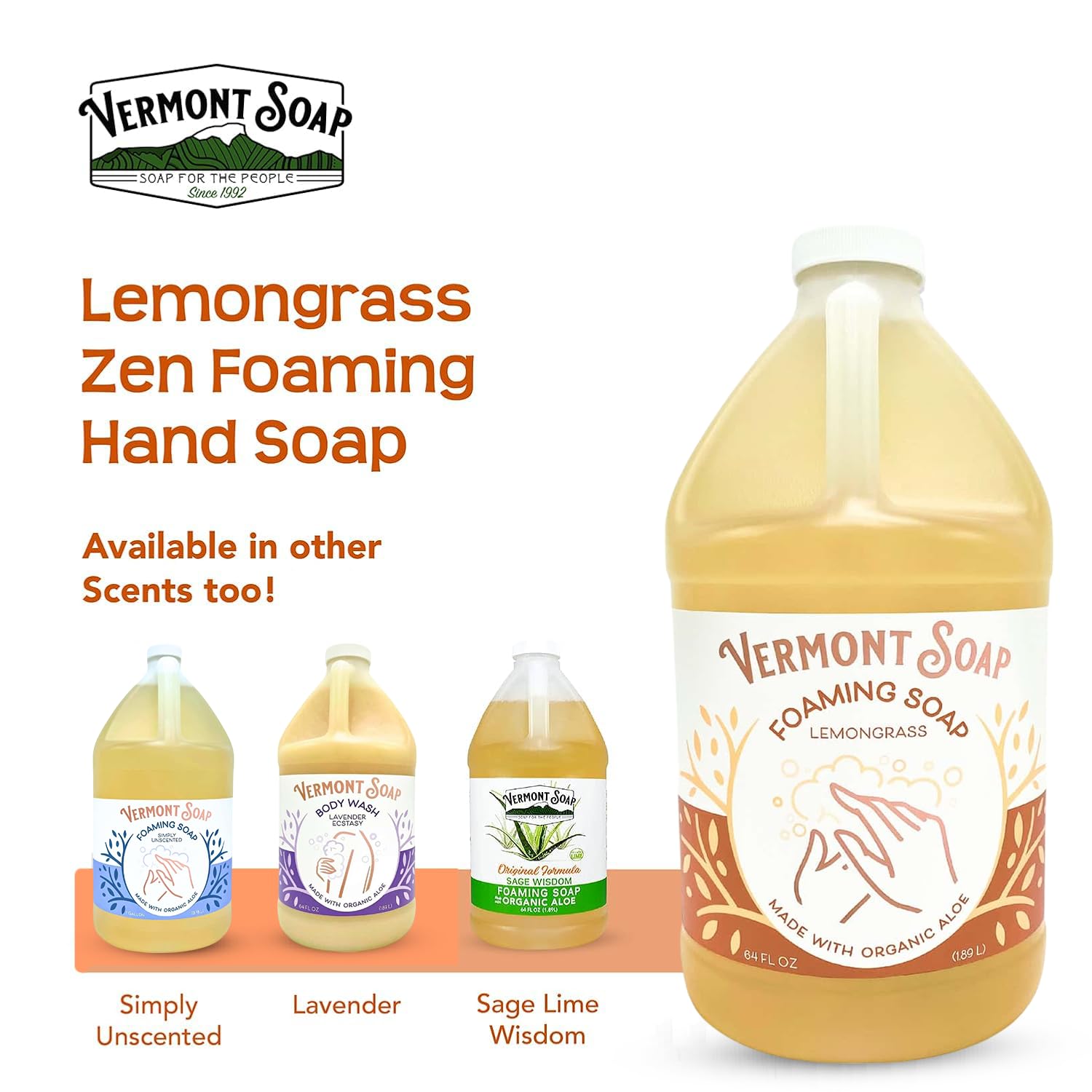 VERMONT SOAP Lemongrass Zen Foaming Hand Soap – Fragrance-Free, Moisturizing, 64 oz