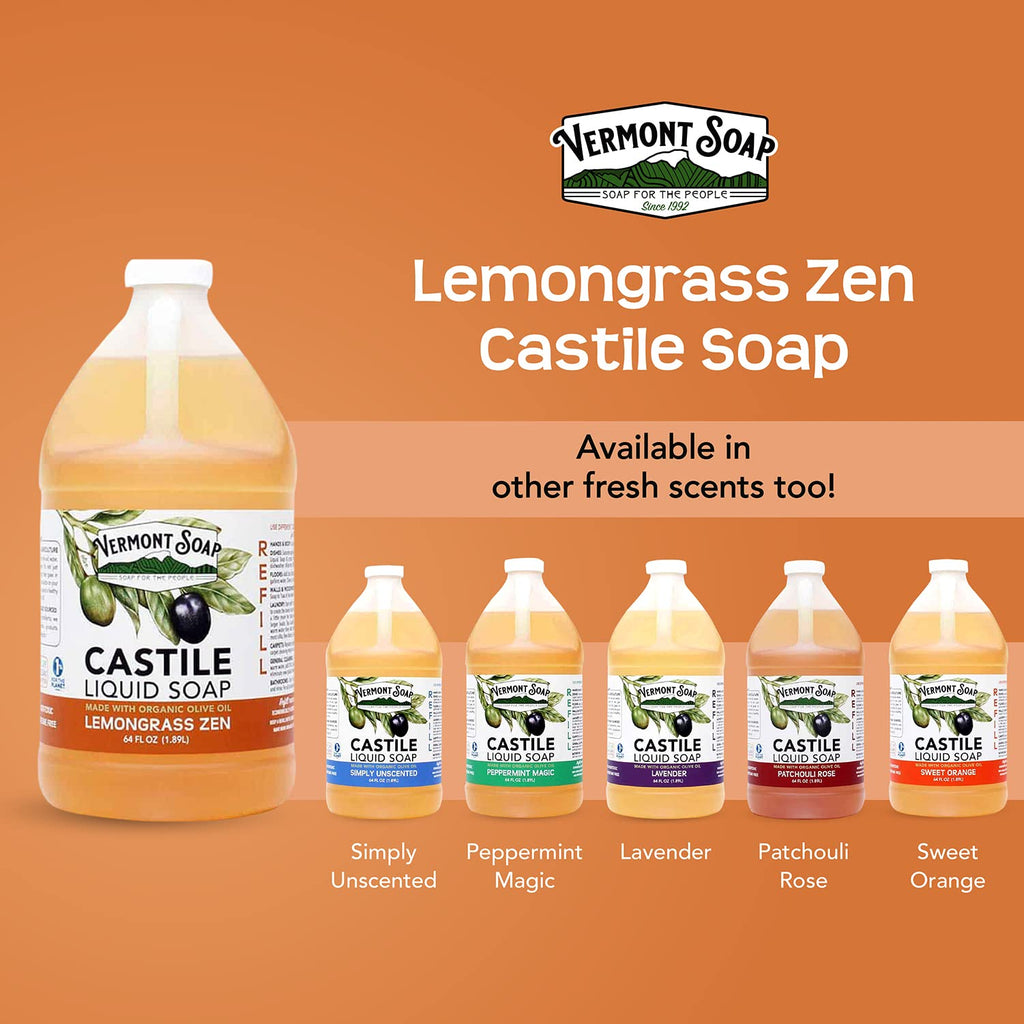 Vermont Castile Lemongrass Zen Soap – Gentle Liquid Soap for Sensitive Skin, Body Wash & Oily Hair Shampoo (64 oz)