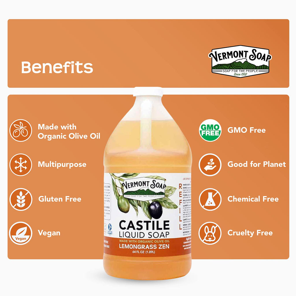 Vermont Castile Lemongrass Zen Soap – Gentle Liquid Soap for Sensitive Skin, Body Wash & Oily Hair Shampoo (64 oz)