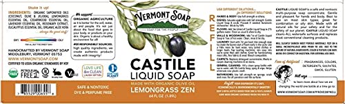 Vermont Castile Lemongrass Zen Soap – Gentle Liquid Soap for Sensitive Skin, Body Wash & Oily Hair Shampoo (64 oz)