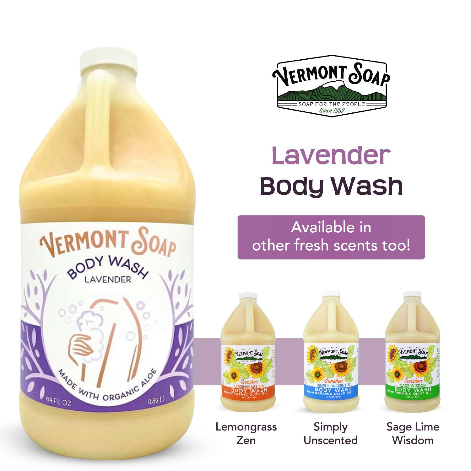 VERMONT SOAP Natural Body Wash with Shea Butter – Unscented, 64 oz