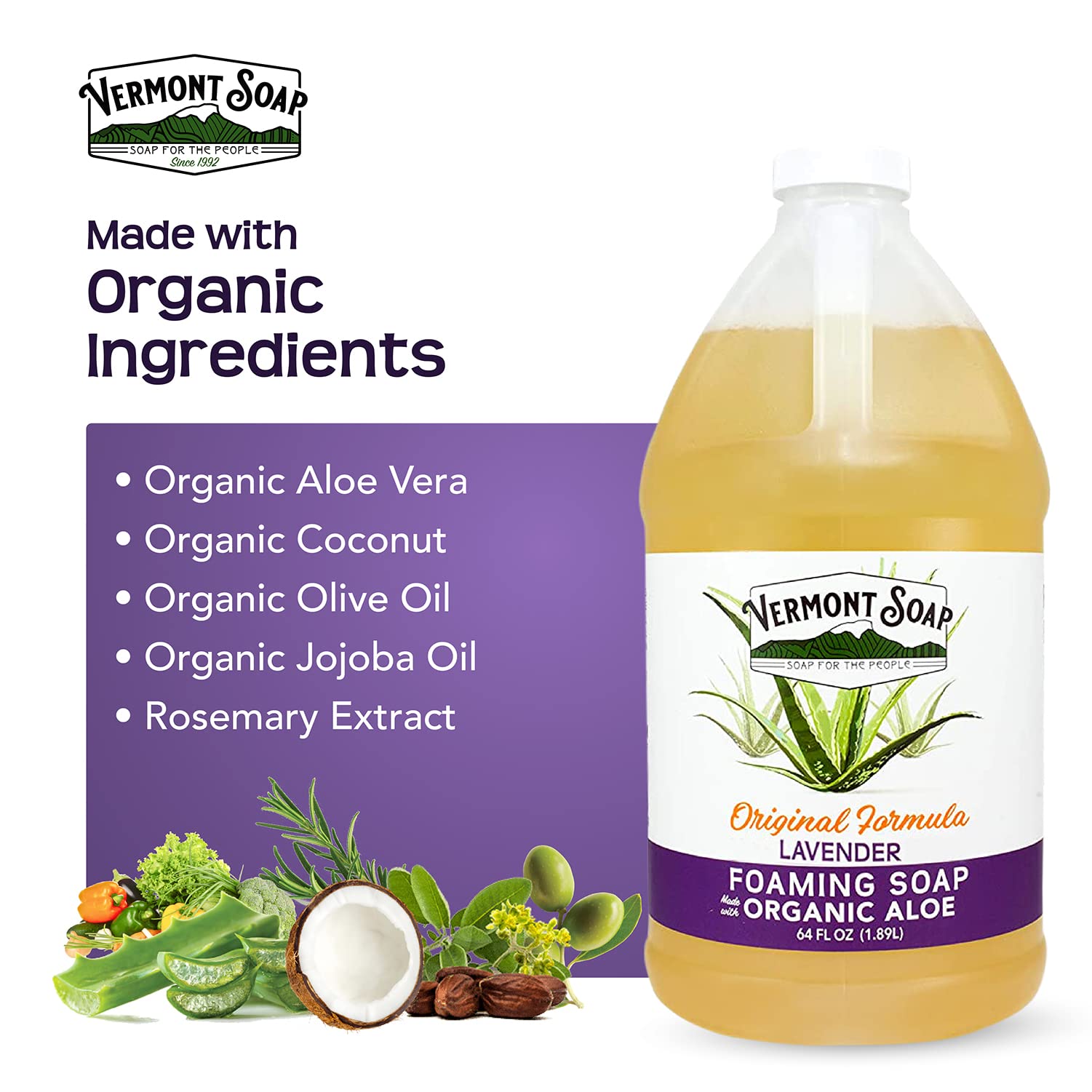 VERMONT SOAP Organic Lavender Foaming Hand Soap – Fragrance-Free, Moisturizing 64 oz