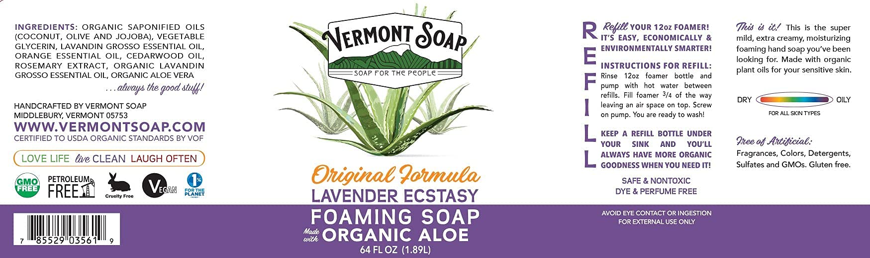 VERMONT SOAP Organic Lavender Foaming Hand Soap – Fragrance-Free, Moisturizing 64 oz