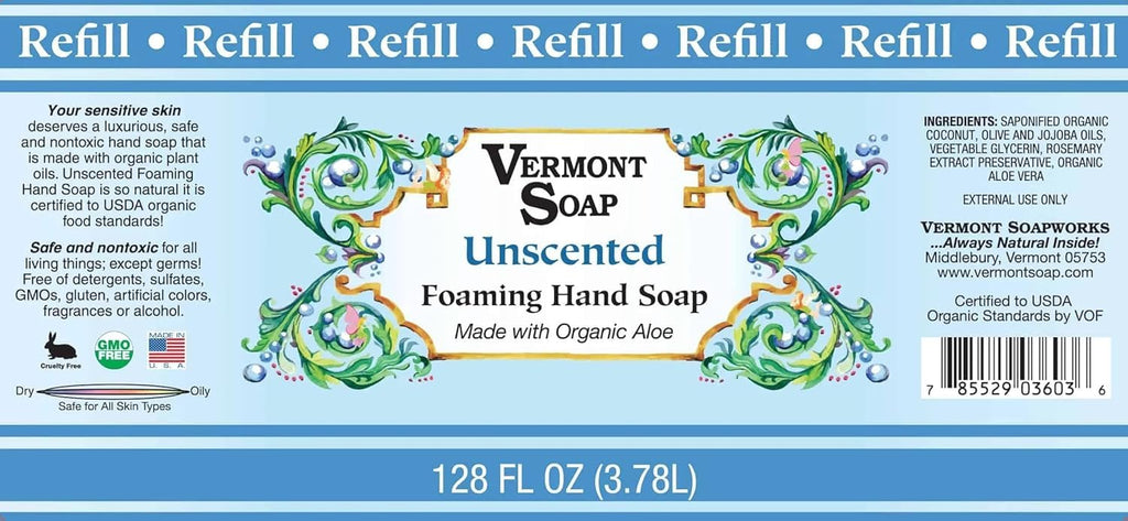 VERMONT SOAP Organics Foaming Hand Soap – Unscented, Ready-to-Use Gallon Refill