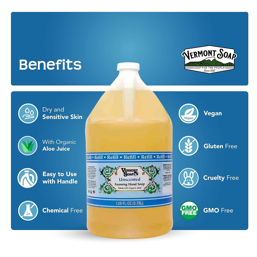 VERMONT SOAP Organics Foaming Hand Soap – Unscented, Ready-to-Use Gallon Refill