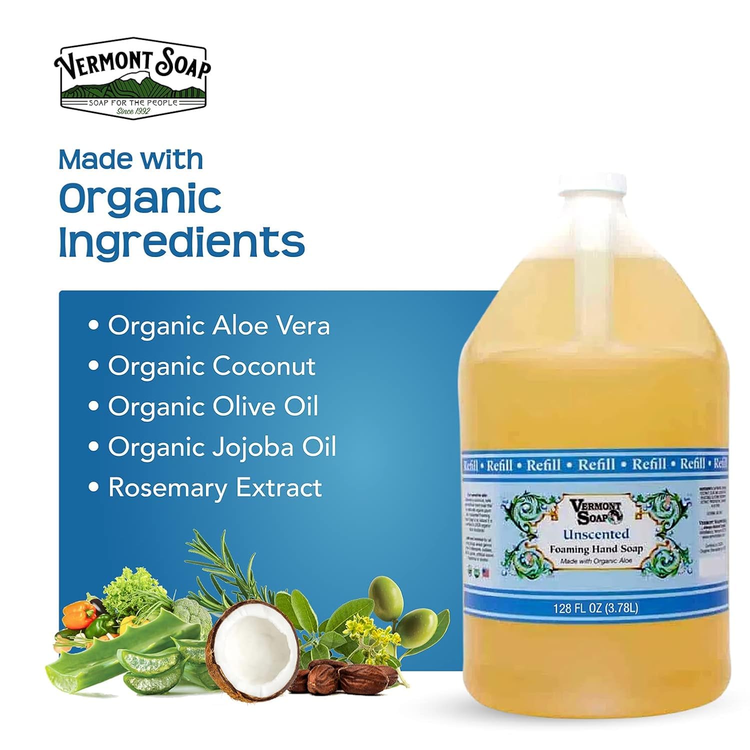 VERMONT SOAP Organics Foaming Hand Soap – Unscented, Ready-to-Use Gallon Refill