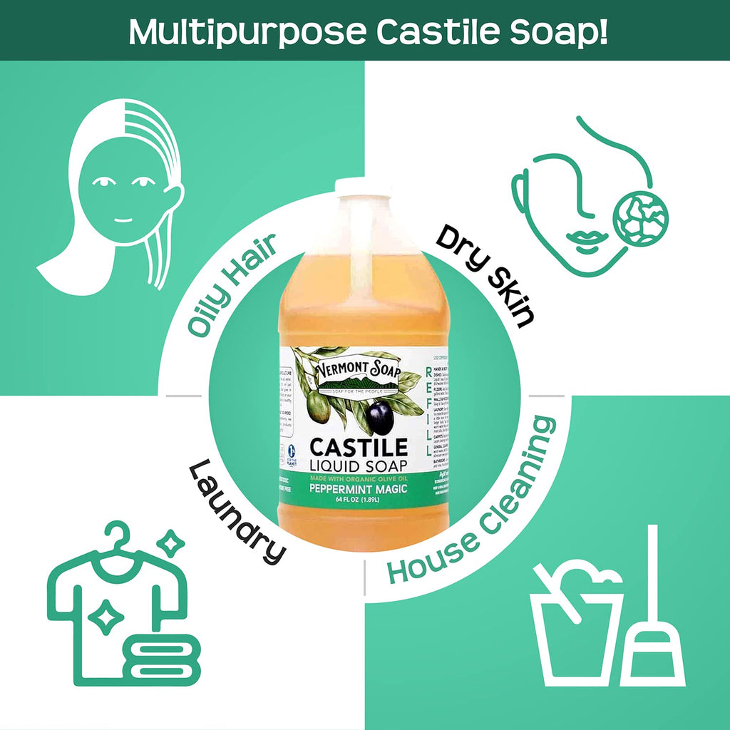 Vermont Soap Vermont Castile Peppermint - Gentle Liquid Soap for Sensitive Skin, Organic Hair Shampoo for Oily Hair, 64 oz