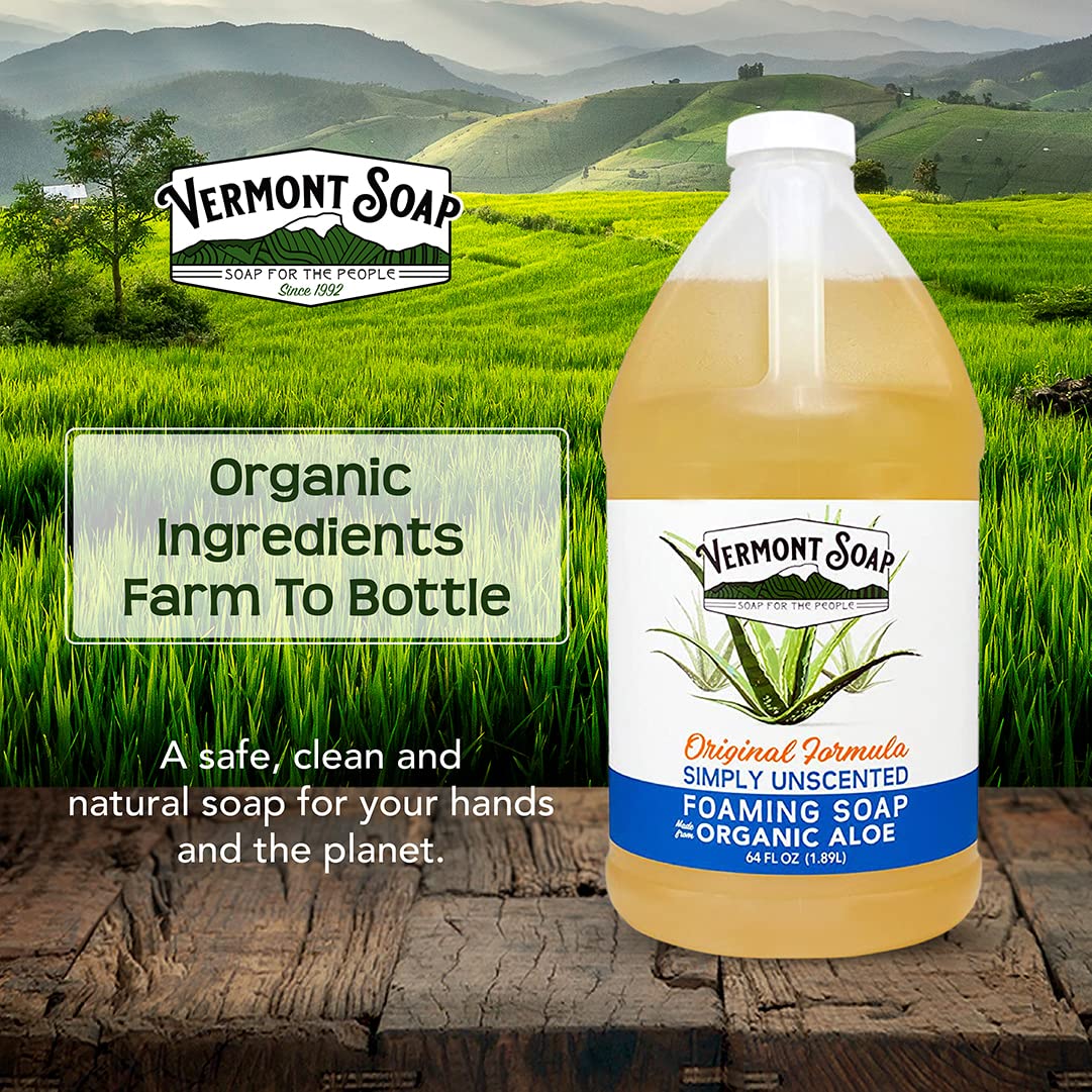 VERMONT SOAP Organic Unscented Foaming Hand Soap - 64 oz, Fragrance Free, Plant-Powered Moisturizing Formula
