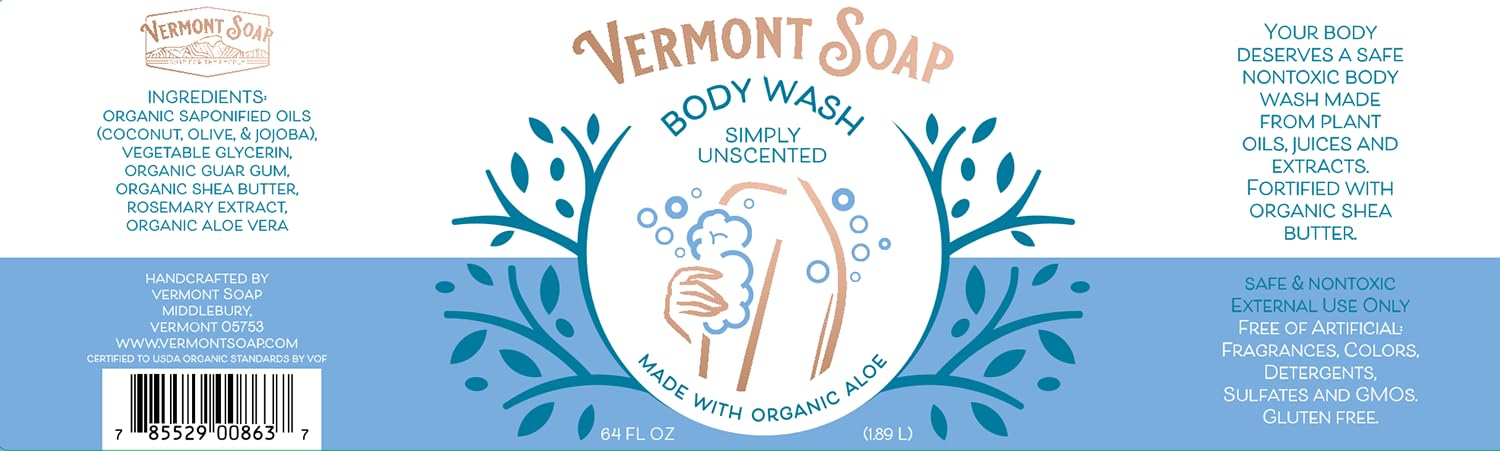 VERMONT SOAP Body Wash – Simply Unscented, 64 oz, USDA Organic, Moisturizing & Gentle