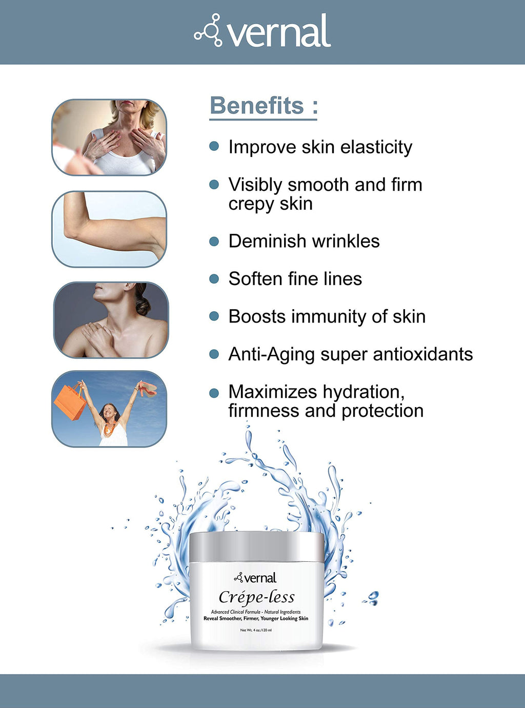 Vernal Crepe-less Cream – Organic Firming Cream for Crepey Skin (Arms, Neck & Hands) | Made in USA 4 oz