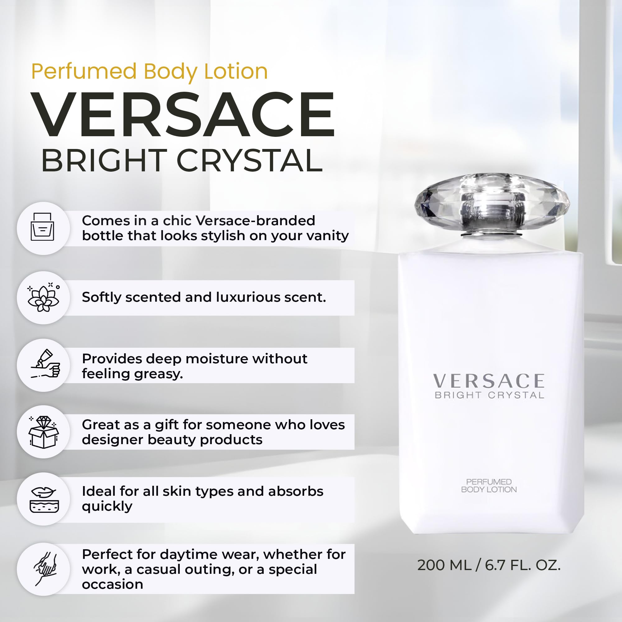 Versace Bright Crystal Perfumed Body Lotion for Women – 6.7 Ounces | Hydrating Scented Care