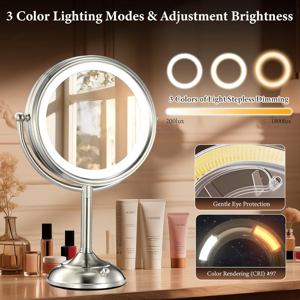 VESAUR 2026 Upgraded 9-Inch Lighted Makeup Mirror | 10X/20X HD Magnification, 3-Color LED, 5000mAh