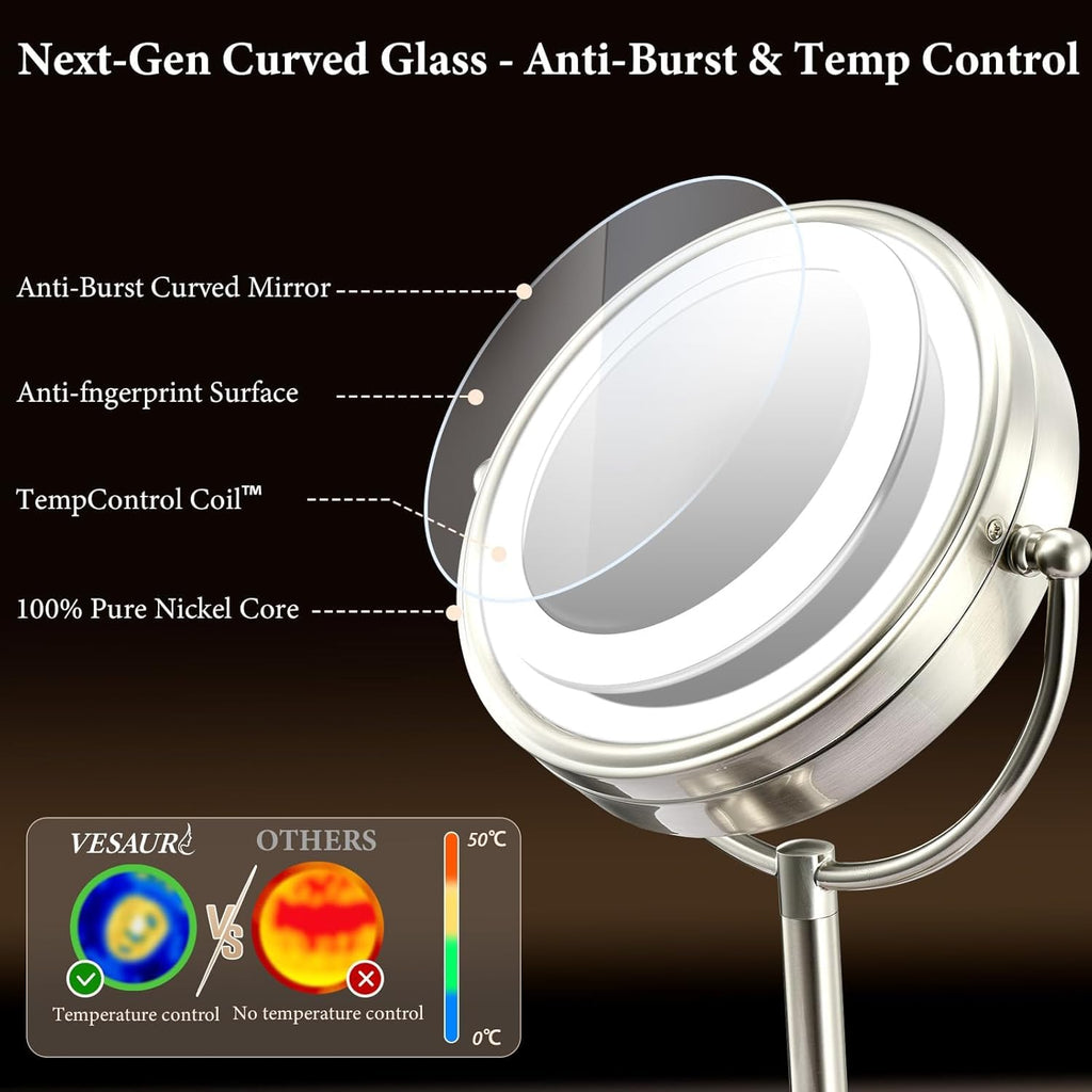 VESAUR 2026 Upgraded 9-Inch Lighted Makeup Mirror | 10X/20X HD Magnification, 3-Color LED, 5000mAh