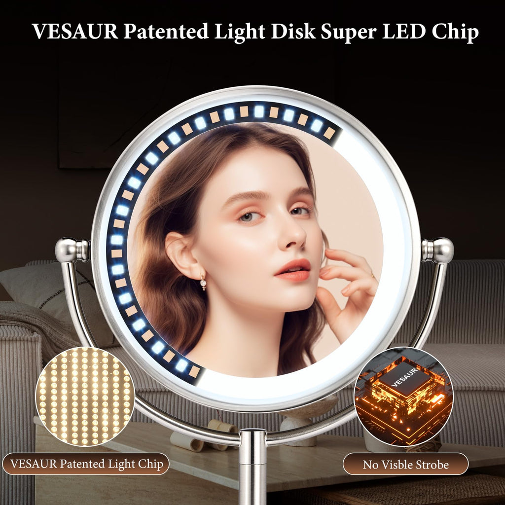 VESAUR 2026 Upgraded 9-Inch Lighted Makeup Mirror | 10X/20X HD Magnification, 3-Color LED, 5000mAh