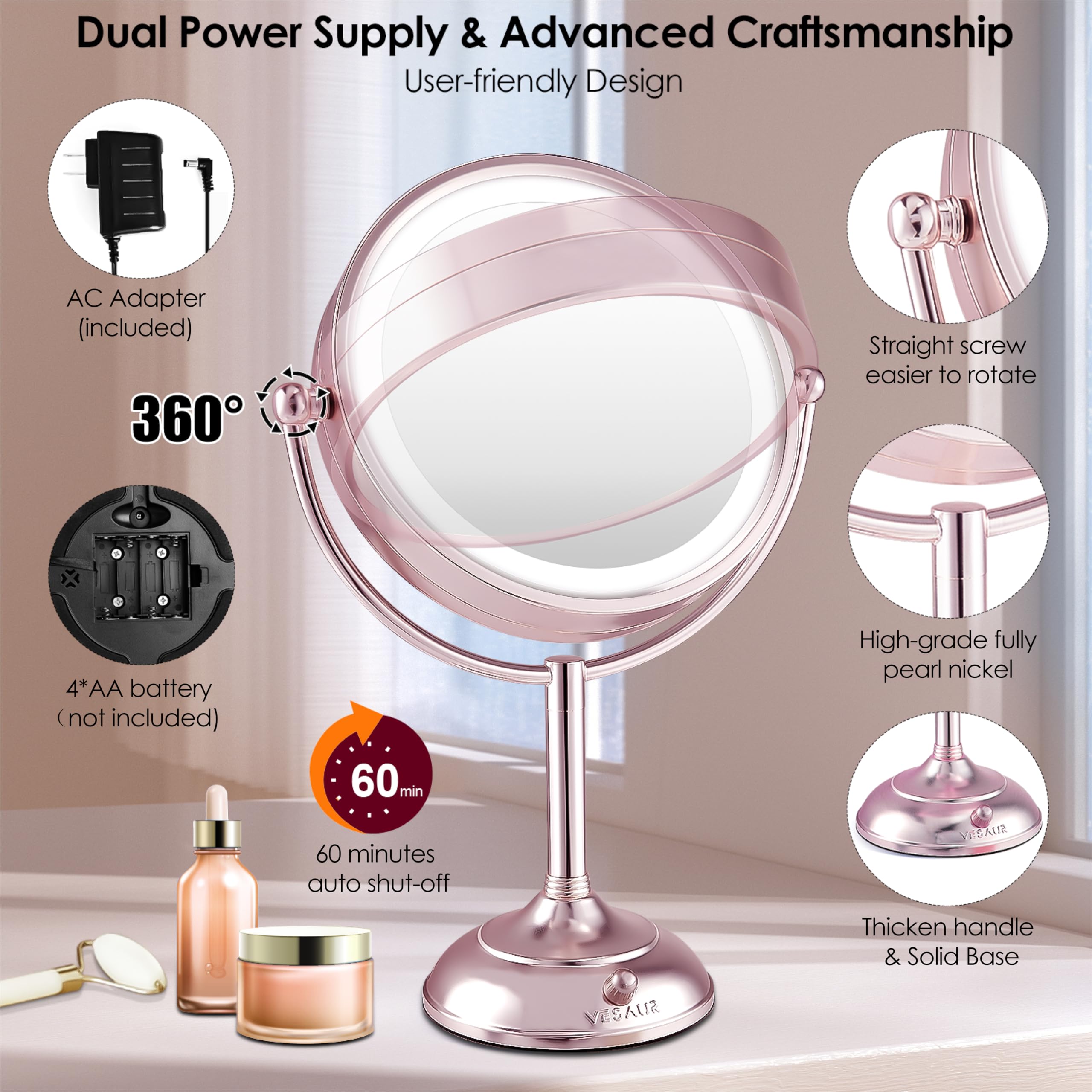 VESAUR Lighted Makeup Mirror Rose Gold Nickel — 8.5-Inch, Dual-Sided 1X/10X HD Magnification with 90 LEDs