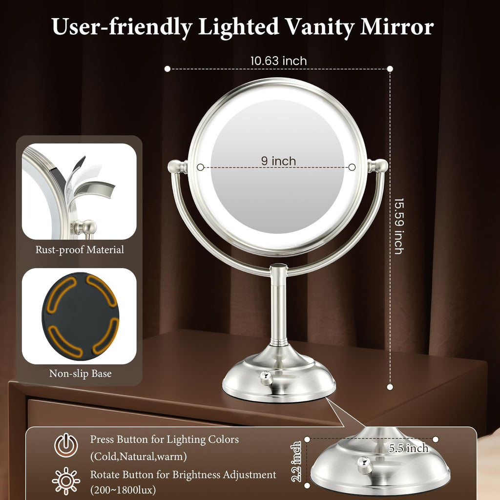 VESAUR 2026 Upgraded 9-Inch Lighted Makeup Mirror | 10X/20X HD Magnification, 3-Color LED, 5000mAh