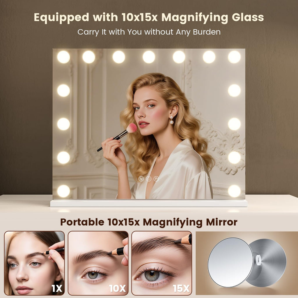 VESAUR 23x18 Vanity Mirror with Lights | 10X/15X Magnification, 15 LED Bulbs, USB-C Charger