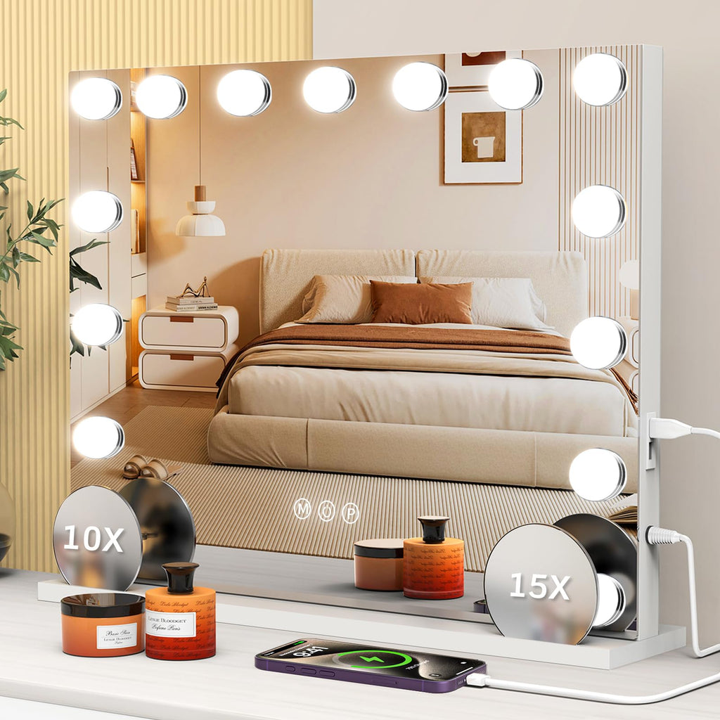 VESAUR 23x18 Vanity Mirror with Lights | 10X/15X Magnification, 15 LED Bulbs, USB-C Charger