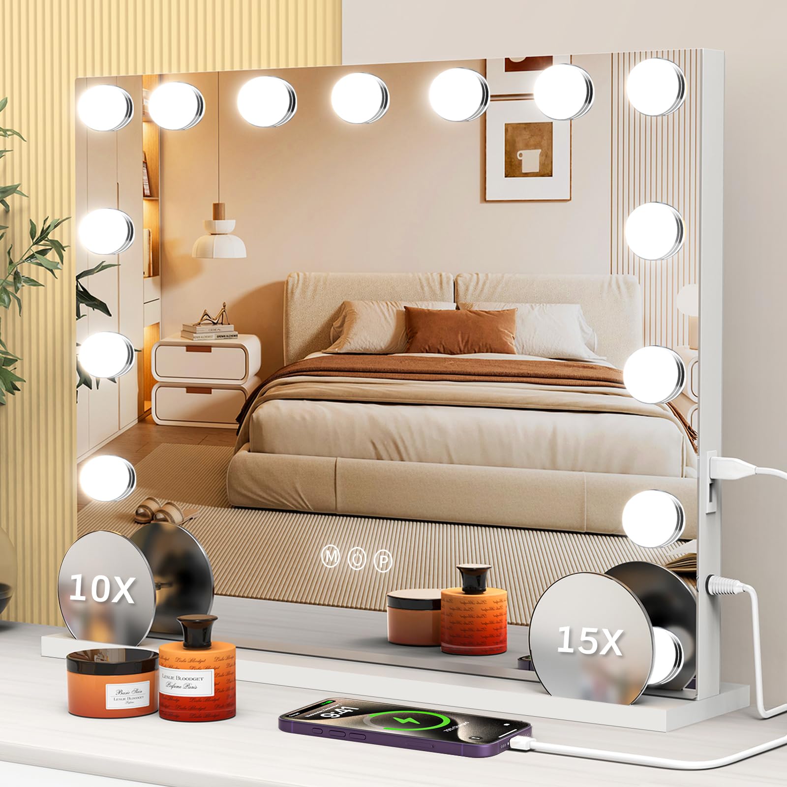 VESAUR 23x18 Vanity Mirror with Lights | 10X/15X Magnification, 15 LED Bulbs, USB-C Charger
