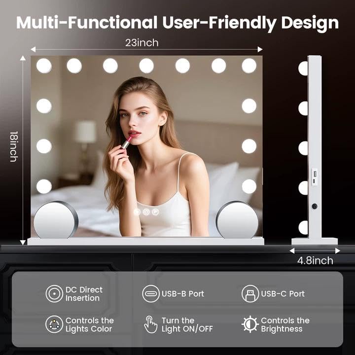VESAUR 23x18 Vanity Mirror with Lights | 10X/15X Magnification, 15 LED Bulbs, USB-C Charger