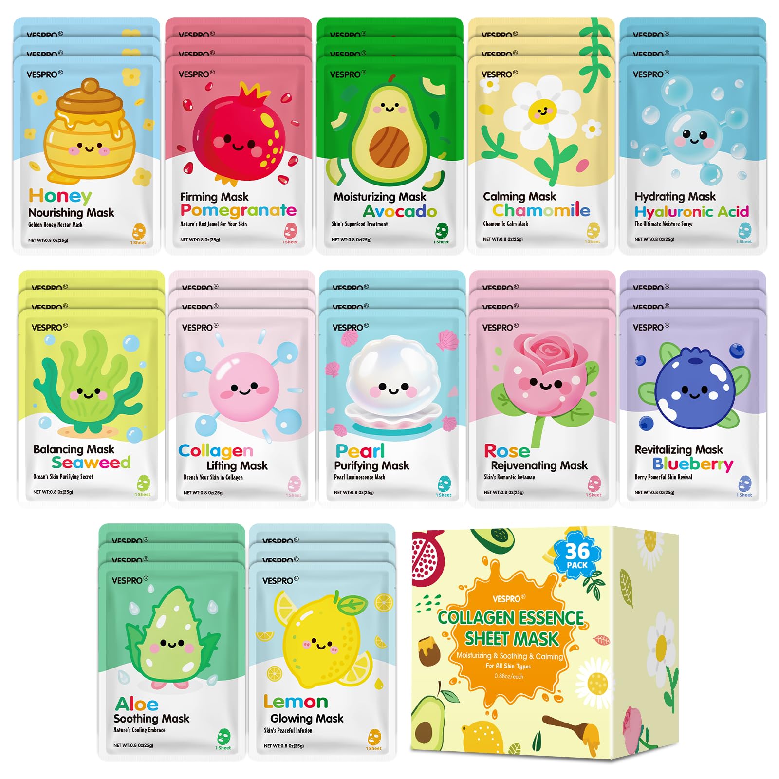 VESPRO 36 Pack Skincare Masks – Hydrating & Moisturizing Sheet Mask Bundle for All Skin Types