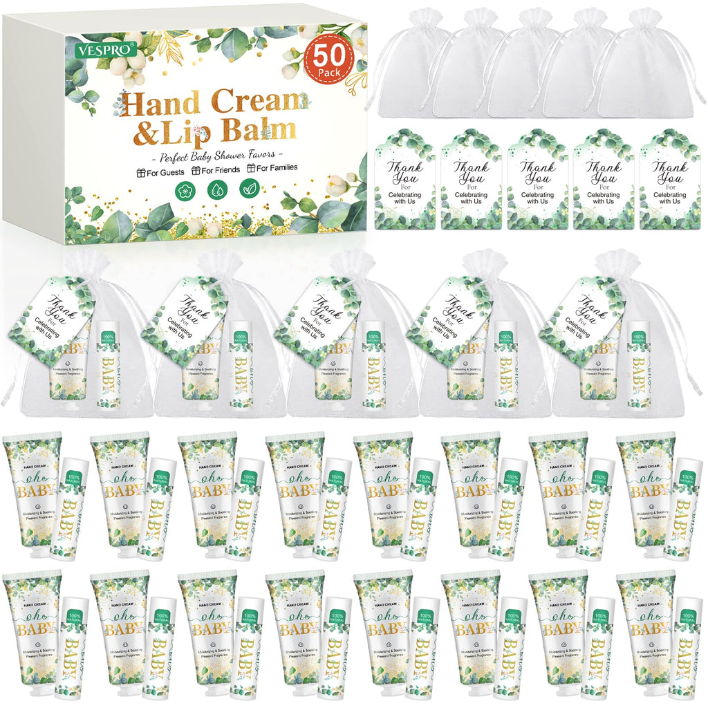 VESPRO 50 Pack Hand Cream & Lip Balm Gift Sets for Baby Showers and Bridal Showers