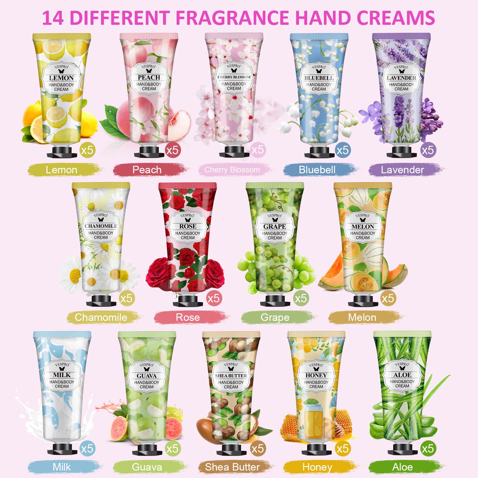 VESPRO 70-Pack Hand Cream Gift Set | 14 Scents, Travel-Size Moisturizers for Dry Hands
