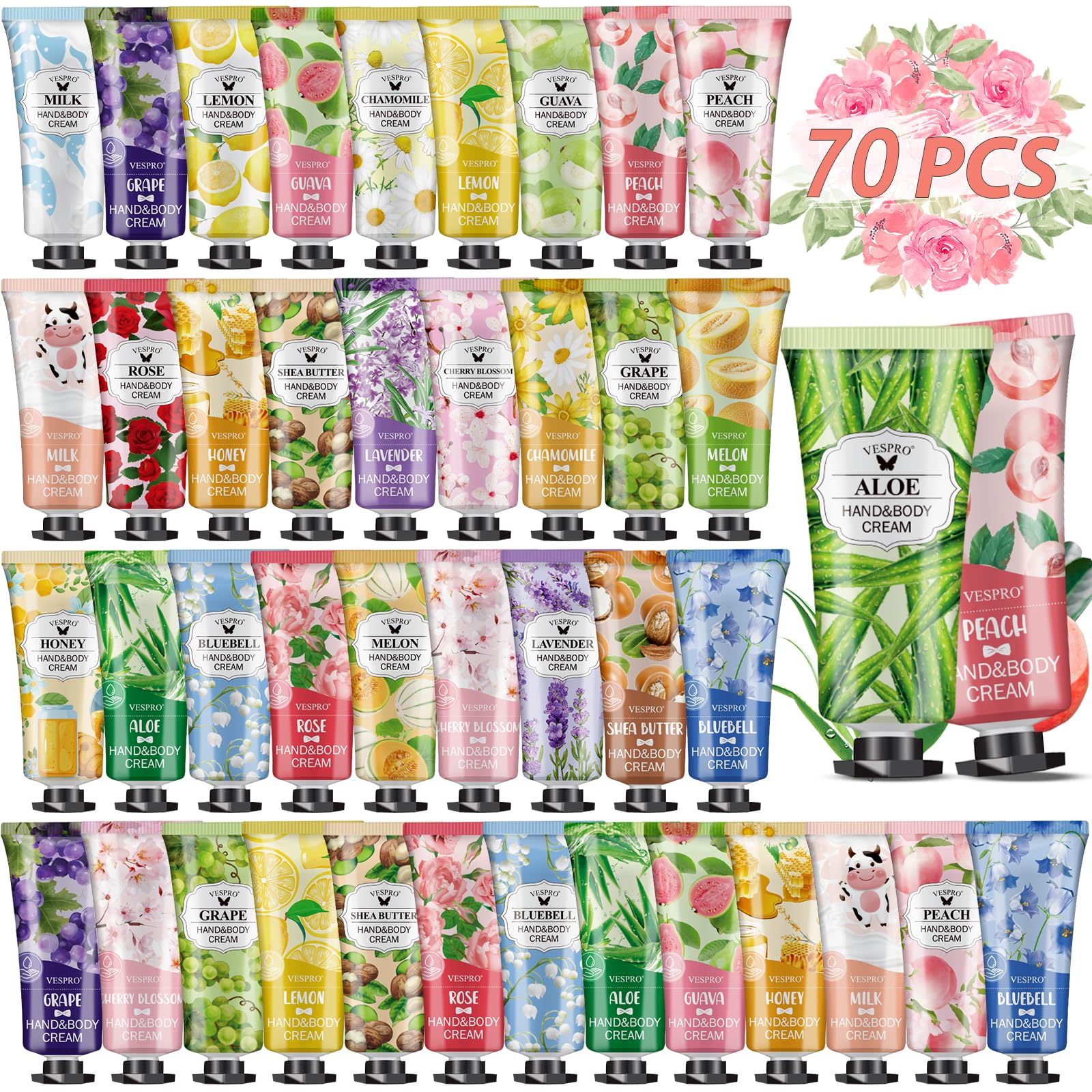 VESPRO 70-Pack Hand Cream Gift Set | 14 Scents, Travel-Size Moisturizers for Dry Hands