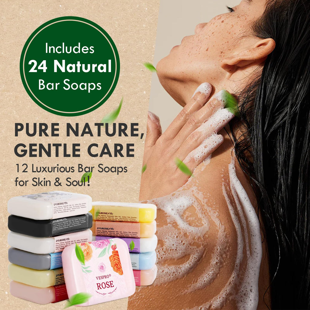 VESPRO 24-Pack Natural Bar Soap Gift Set – Olive Oil Moisturizing Soap, Travel Size