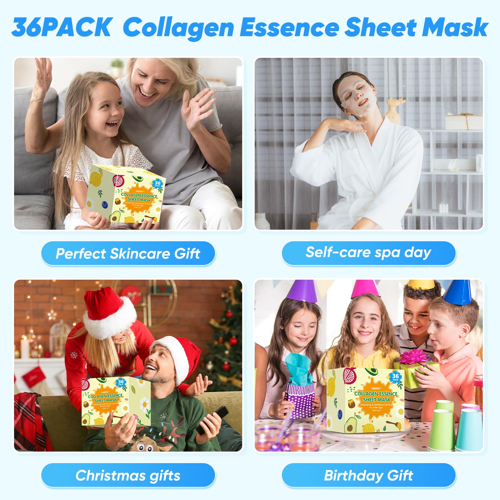 VESPRO 36 Pack Skincare Masks – Hydrating & Moisturizing Sheet Mask Bundle for All Skin Types