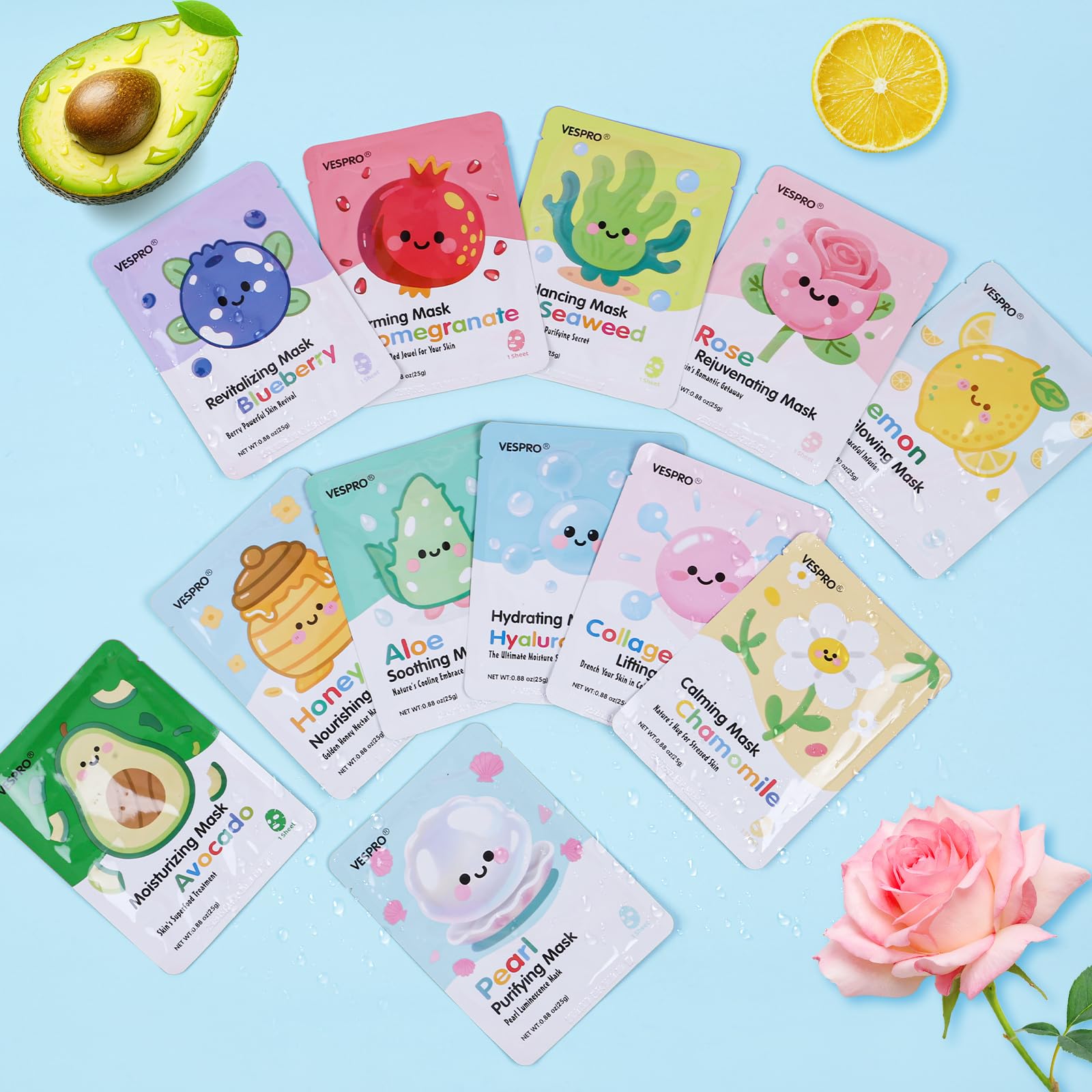 VESPRO 36 Pack Skincare Masks – Hydrating & Moisturizing Sheet Mask Bundle for All Skin Types