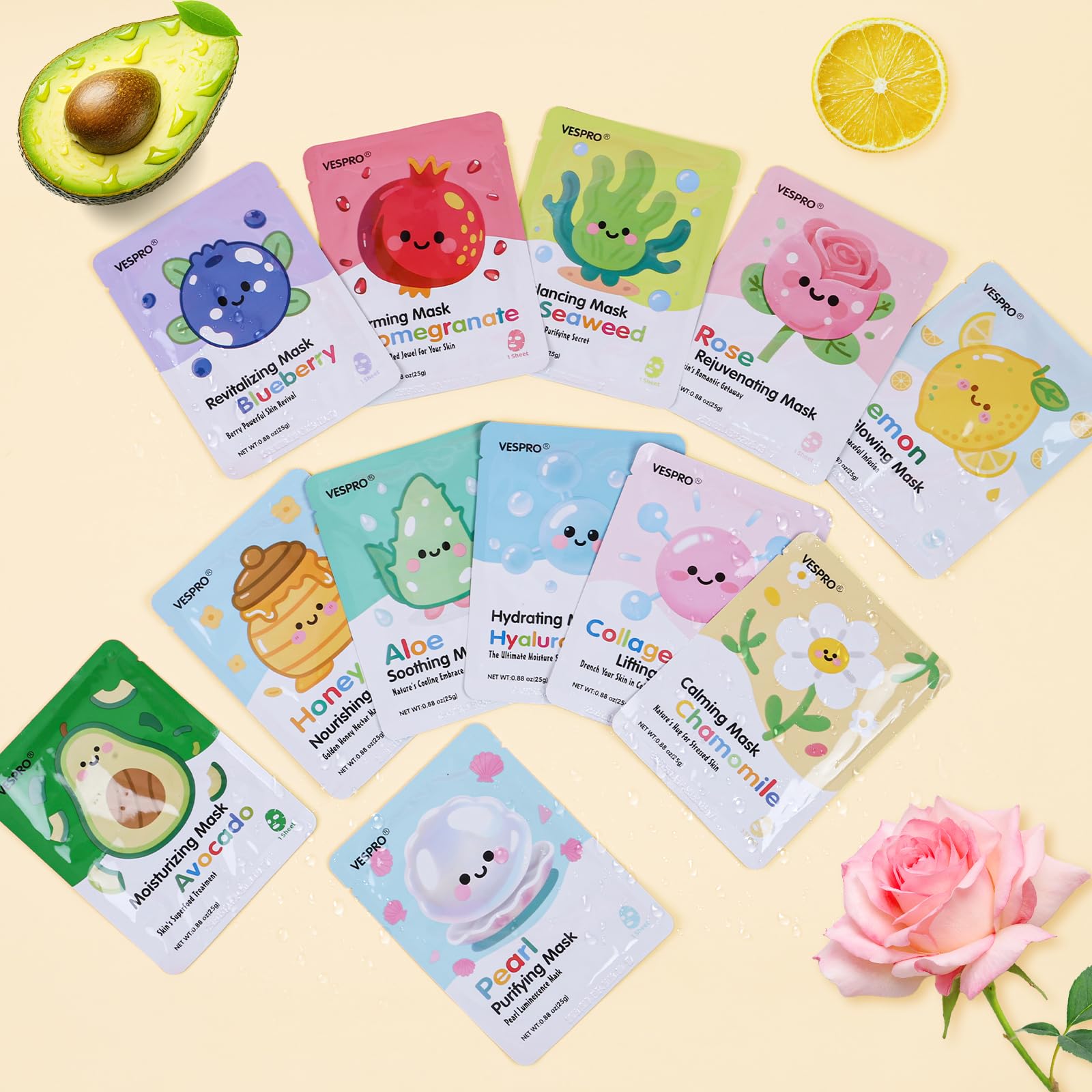 VESPRO 60-Pack Collagen Facial Masks – Hydration for All Skin Types (12 Types x 5 Pcs)