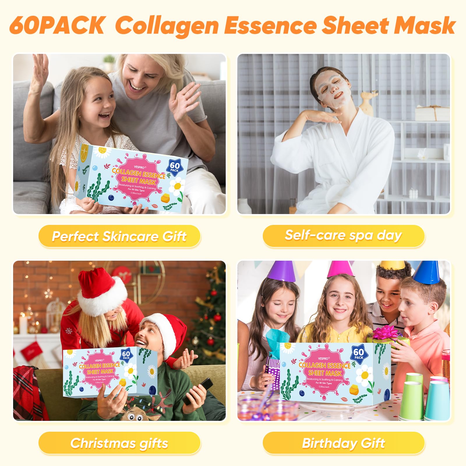 VESPRO 60-Pack Collagen Facial Masks – Hydration for All Skin Types (12 Types x 5 Pcs)